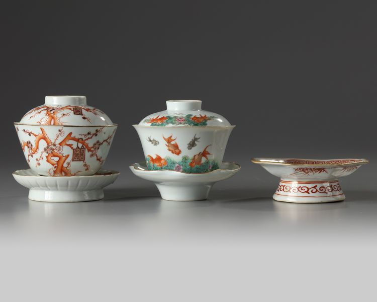Two Chinese cups, covers, and saucers and a stem dish