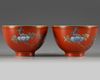 A pair of Chinese coral-red-decorated small cups
