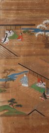A JAPANESE SIX-PANEL BYOBU SCREENS WITH SCENES FROM THE TALE OF GENJI, EDO PERIOD (1603-1868)