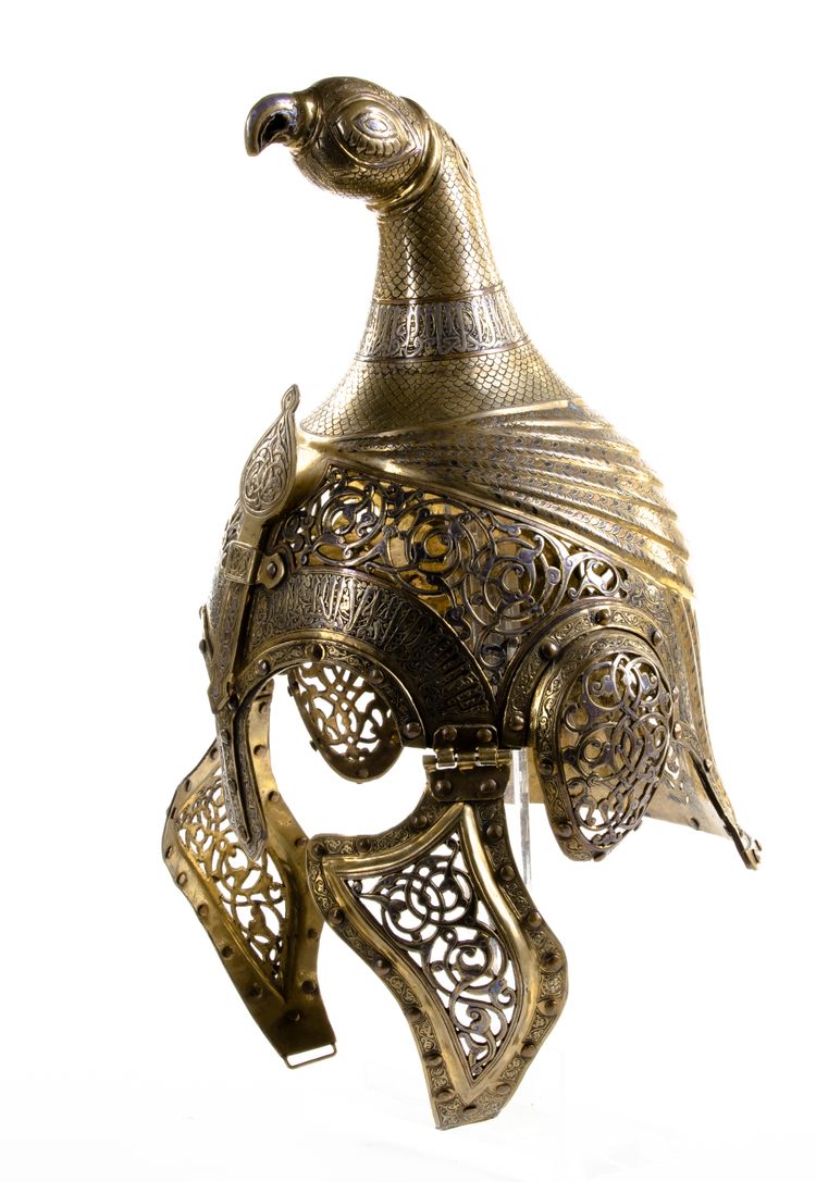 A GILT AND SILVER INLAID BRONZE MAMLUK STYLE HELMET,  20TH CENTURY