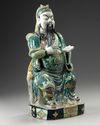 A Chinese famille verte biscuit figure of Guandi