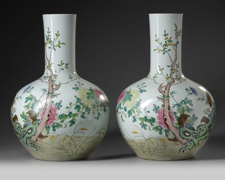 A pair of large Chinese famille rose 'quails' bottle vases, tianqiuping