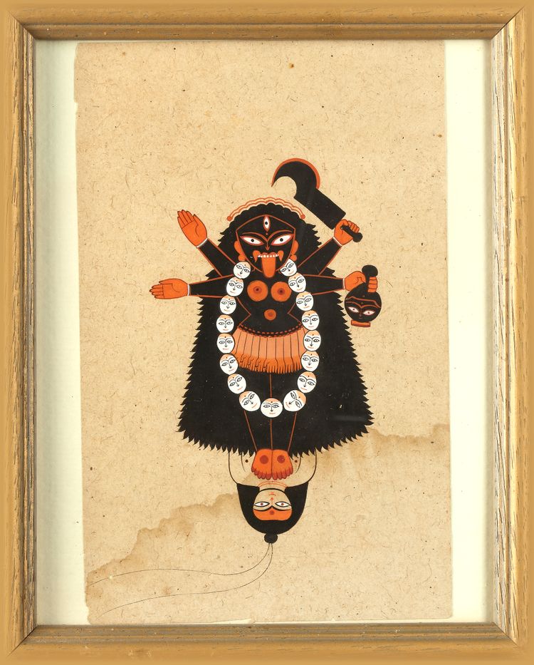 INDIAN TANTRIC PAINTING OF GODDESS KALI STANDING ON LORD SHIVA