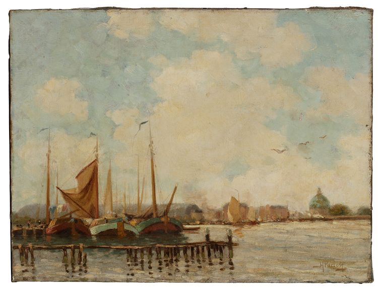 HARBOR SCENE, OIL ON CANVAS