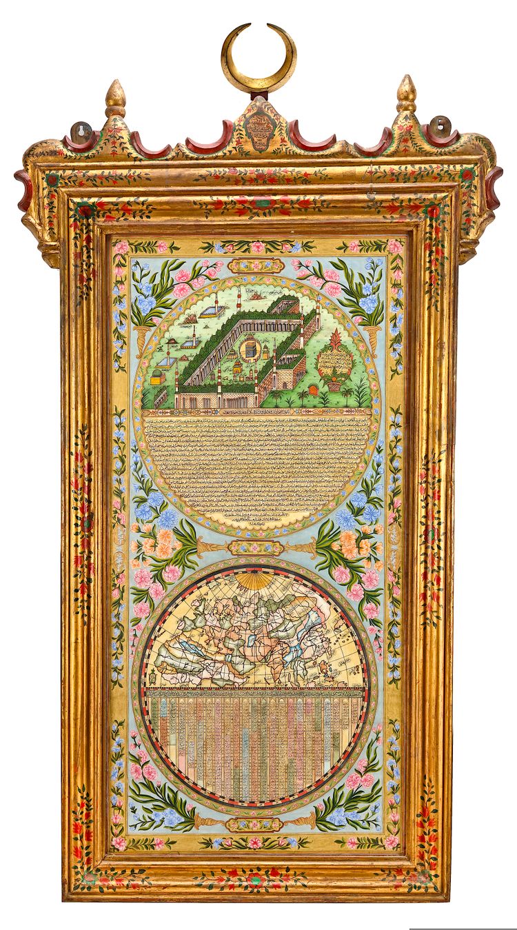 A QIBLA FINDER PANEL MADE IN THE STYLE OF PETROS BARONYAN, ALSO KNOWN AS AL-BARUN AL-MUKHTARI, CONSTANTINOPLE, 1178 AH/1765 AD