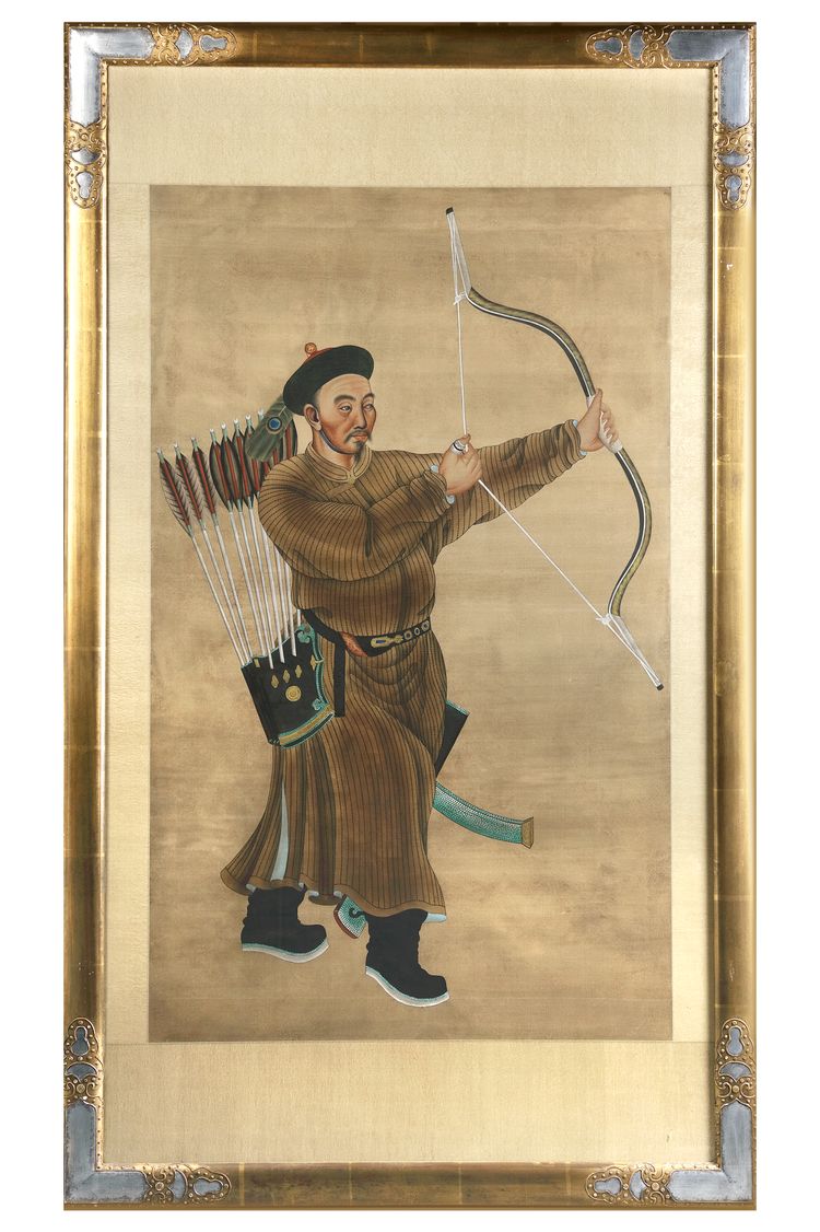 A LARGE CHINESE PAINTING OF A MANCHU ARCHER, 19TH CENTURY