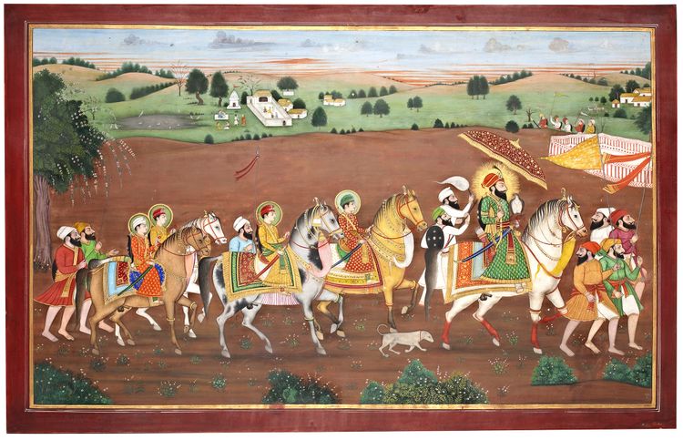 AN EQUESTRIAN PORTRAIT OF GURU GOBIND SINGH AND THE CHAR SAHIBZADAY (FOUR SONS), PUNJAB HILLS, MOST PROBABLY KANGRA, SECOND HALF 19TH CENTURY
