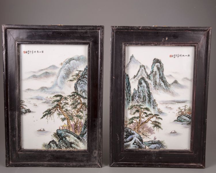 A pair of Chinese famille rose 'mountain landscape' panels