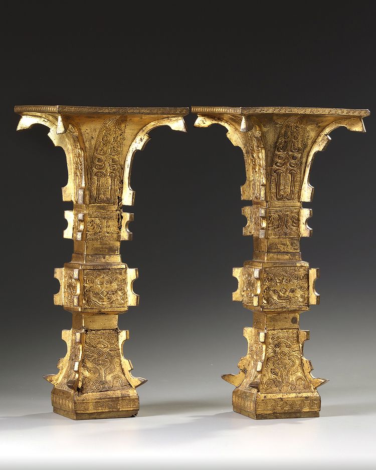 A large pair of Chinese gilt bronze archaistic square-section flaring vases, gu