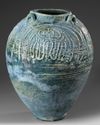 A LARGE POST SASSANIAN TURQUOISE GLAZED POTTERY STORAGE JAR,  PERSIA OR IRAQ, 7TH-8TH CENTURY
