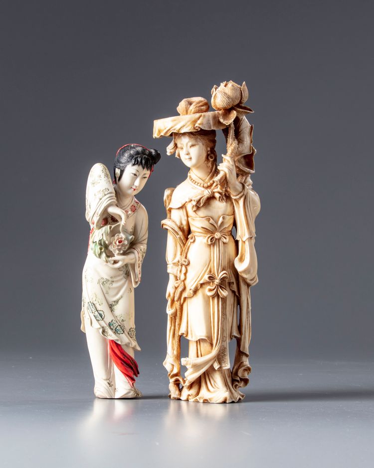 Two Chinese ivory carvings of a lady and a maiden