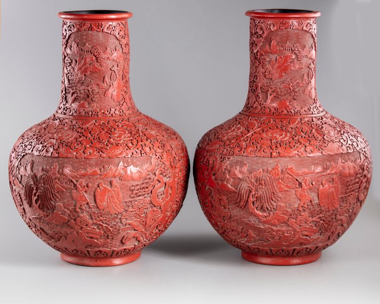 A PAIR OF LARGE CHINESE CINNABAR LACQUER VASES, TIANQIUPING