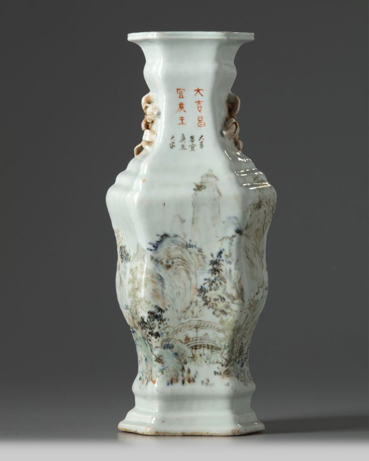A Chinese Qianjiang-style hexagonal ‘landscape’ vase