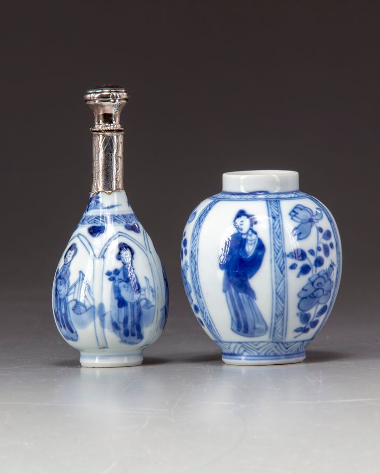 Two blue and white miniature vessels