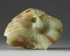 A large Chinese celadon and russet jade ‘lotus and gold fish’ carving