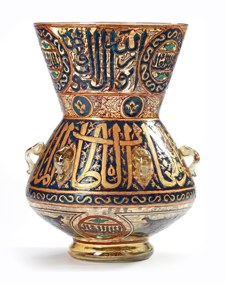 A LARGE ISLAMIC ENAMELED GLASS MOSQUE LAMP, 19TH CENTURY