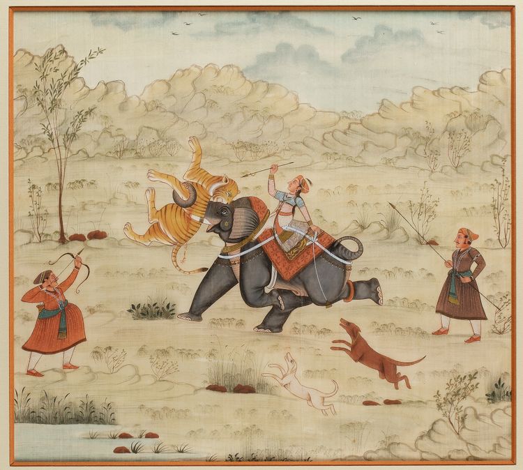 A PAINTING DEPICTING  A HUNTING SCENE, INDIA, 20TH CENTURY