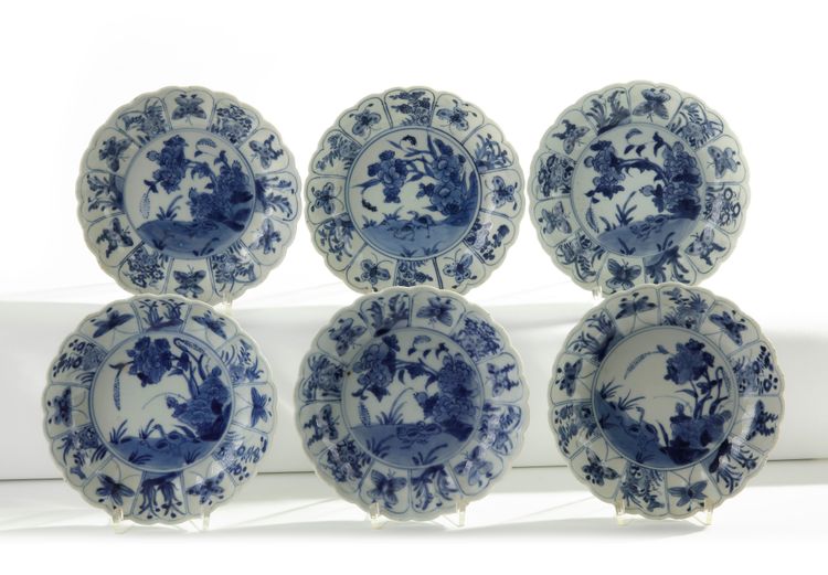 A set of six Chinese blue and white moulded ‘twin geese’ dishes