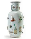 A Chinese famille rose moulded and appliqué 'precious objects' rouleau vase