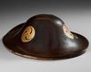 A JAPANESE JINGASA SAMURAI TRAVELING HAT WITH MITSUDOMOE CRESTS — GOLDLEAF INTERIOR & AGE-WORN CHARM,EDO PERIOD (1615–1868)