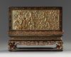 A Chinese gilt-lacquered wood altar box, cover, and stand