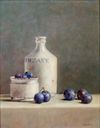 STILL LIFE WITH PLUMS AND CERAMIC BOTTLE
