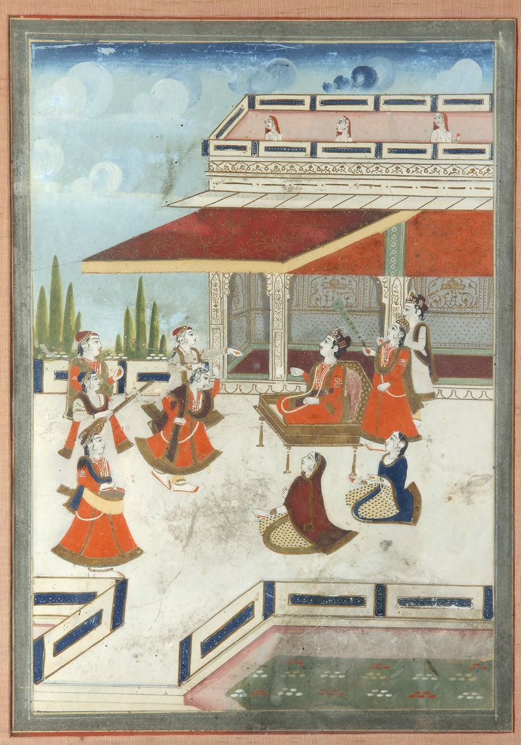 A PRINCE ENTERTAINED IN PALACE COURTYARD, JAIPUR, RAJASTHAN,19TH CENTURY