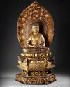 A LARGE JAPANESE AMIDA BUDDHA ON A THRONE WITH LARGE MANDORLA, EDO PERIOD, (1600-1868 )