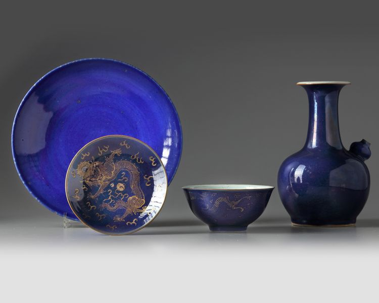 A group of four Chinese blue-glazed vessels