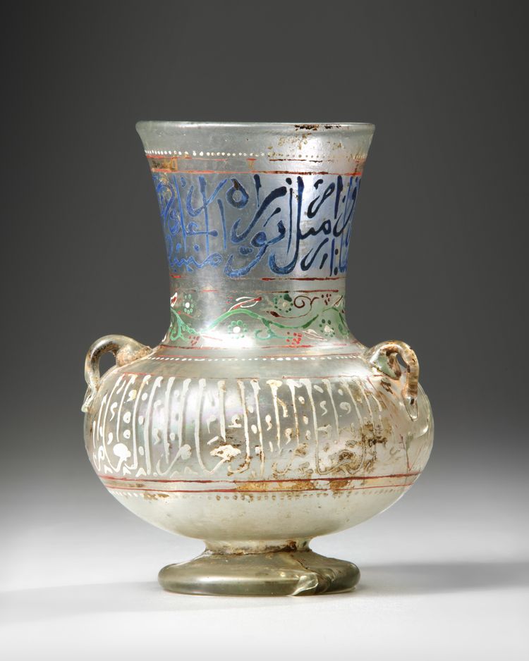 A SYRIAN ENAMELED AND GILDED CLEAR GLASS MOSQUE LAMP, SYRIA, 17TH-18TH CENTURY