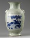 A Chinese celadon-ground blue and white moulded vase
