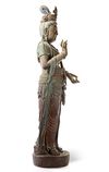 A CHINESE STANDING POLYCHROME WOOD FIGURE OF GUANYIN, LATE MING DYNASTY