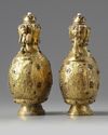 A pair of Chinese hardstone-inlaid gilt bronze 'dragon and phoenix' moonflasks