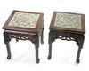 A pair of Chinese hongmu stools inset with a Cantonese famille rose panel