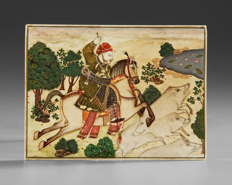 AN INDIAN BONE DECORATED PLAQUE, LATE 18TH CENTURY