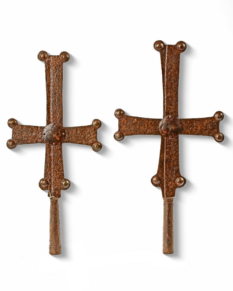TWO BRONZE BYZANTINE PROCESSION CROSSES-MEDIEVAL PERIOD