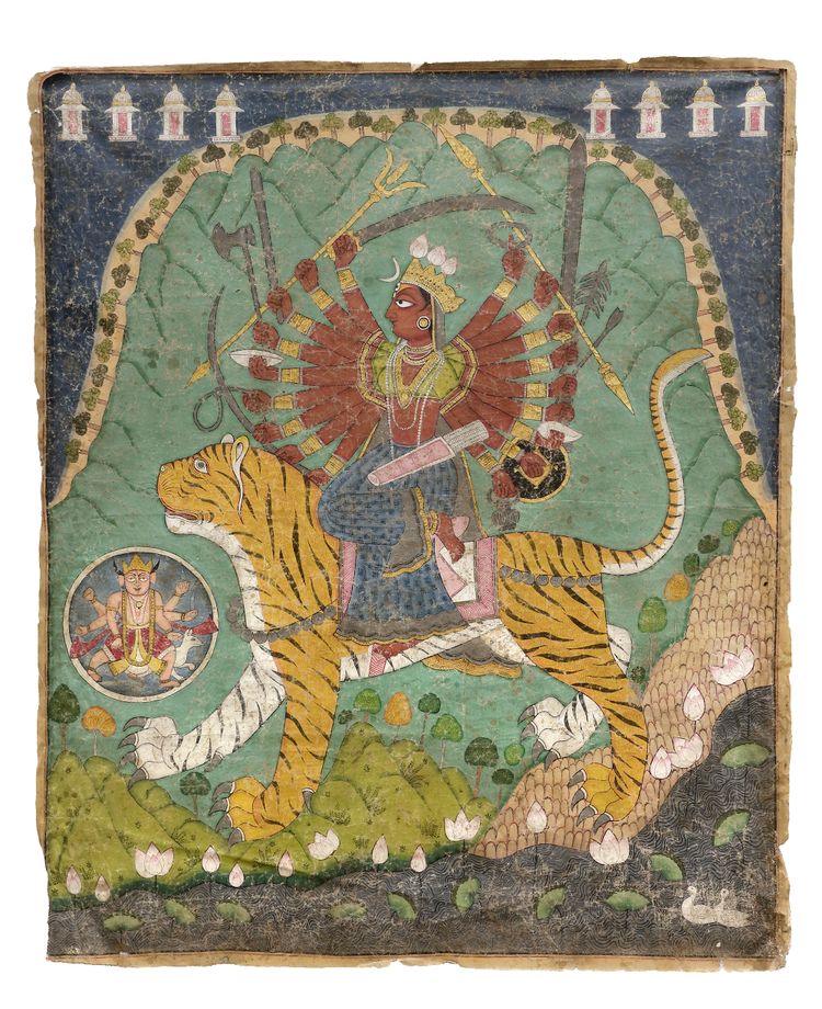 DIVINE FURY, GODDESS DURGA IN ETERNAL TRIUMPH, MANKOT, PAHARI, NORTH INDIA, 19TH CENTURY
