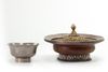 A MONGOLIAN SECOND-GRADE SILVER TEA BOWL AND PARCEL GILT SILVER COVER AND A WHITE METAL-MOUNTED WOODEN STEM DISH, 19TH CENTURY