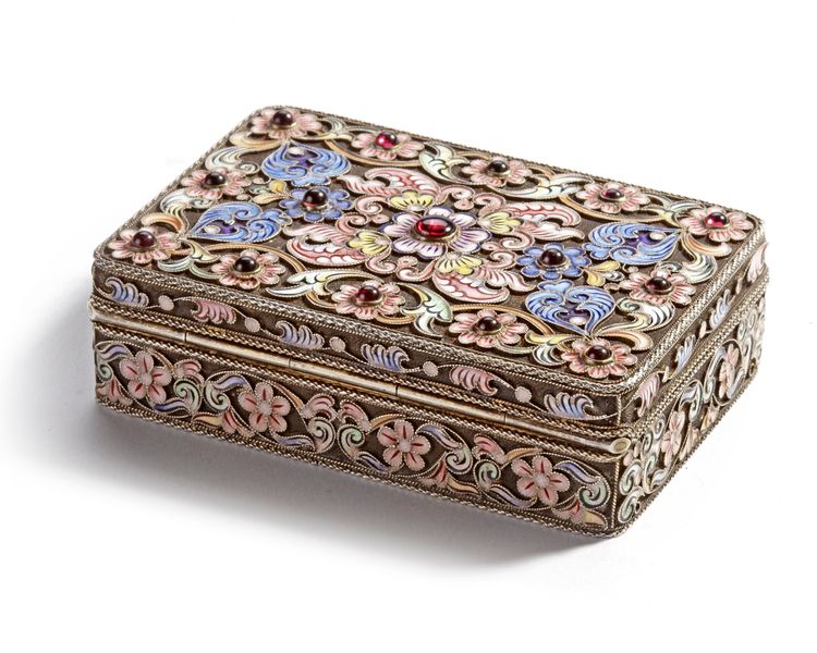 A RUSSIAN FABERGE SILVER-GILT AND CLOISONNÉ ENAMEL BOX, CIRCA 1900