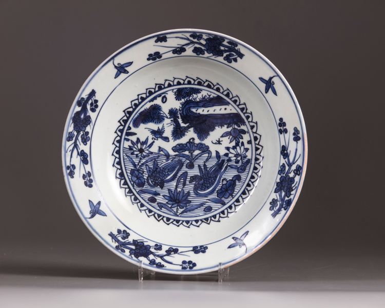 A blue and white plate