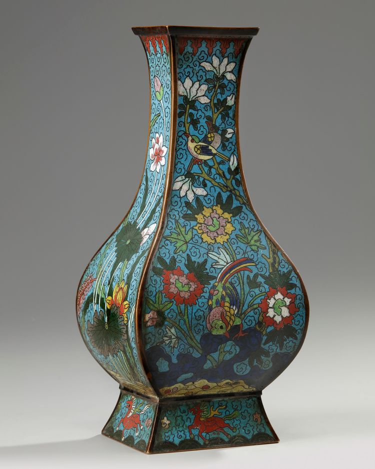 A Chinese cloisonné enamel 'bird and flowers' rectangular-section vase