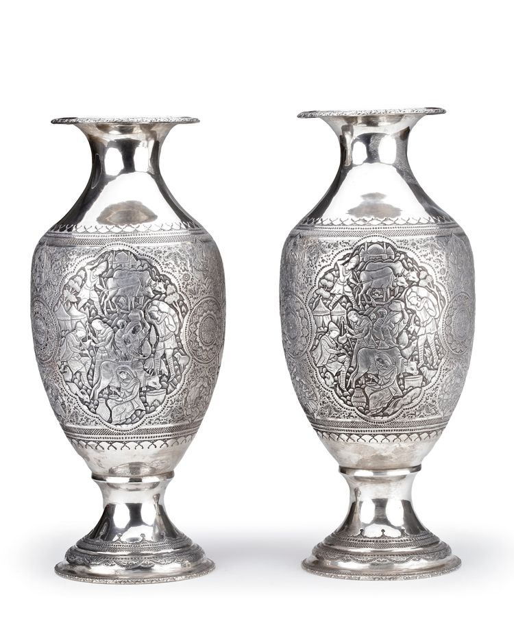 A PAIR OF AMPHORA SHAPED PERSIAN SILVER VASES, 19TH CENTURY