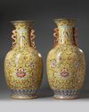 A PAIR OF LARGE CHINESE YELLOW-GROUND FAMILLE  ROSE VASES