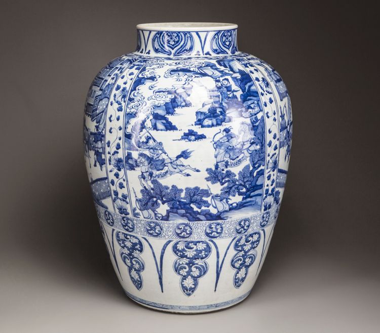 A massive blue and white jar
