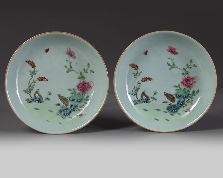 A PAIR OF CHINESE CELADON-GROUND FAMILLE ROSE 'QUAIL' DISHES, QIANLONG SIX-CHARACTER SEAL MARKS IN UNDERGLAZE BLUE AND OF THE PERIOD (1736-1795)