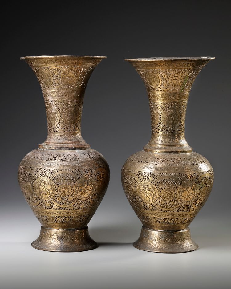 TWO QAJAR PIERED BRASS VASES, PERSIA 19TH CENTURY