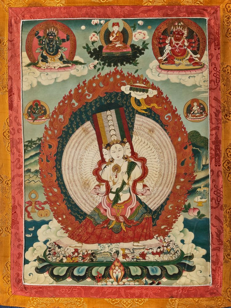 A THANGKA DEPICTING THE NINE-HEADED AND THOUSAND-ARMED AVALOKITESHVARA, TIBET, 19TH CENTURY