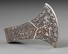 A SILVER INLAID METAL AXE HEAD, 20TH CENTURY