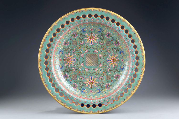 A large Chinese turquoise-ground famille rose 'birthday' dish