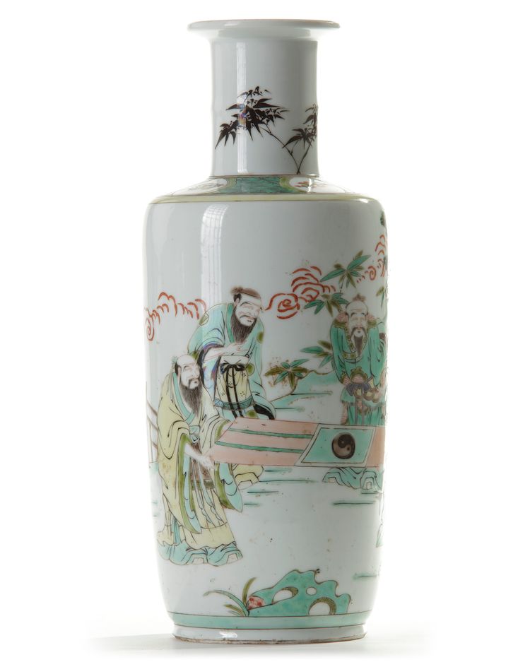 A Chinese famille verte 'scholars' rouleau vase